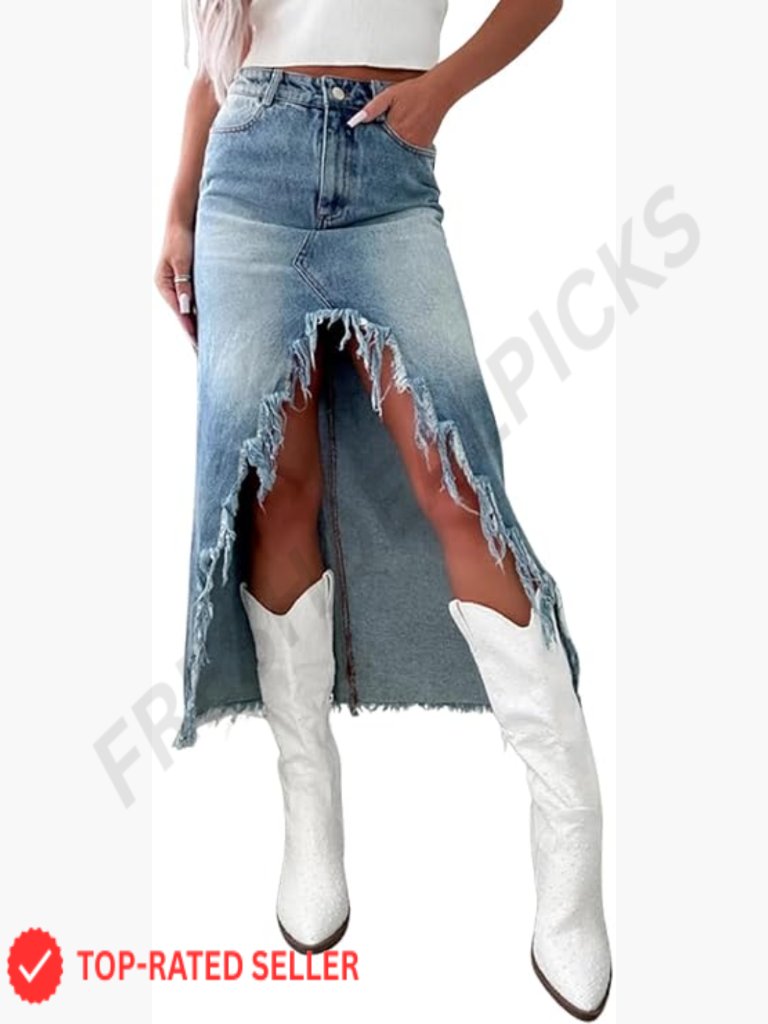 Distressed Denim Midi Skirt High Waist A-Line Slit Frayed Retro Casual